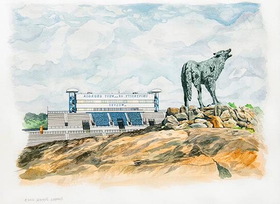 水彩画的博彩平台推荐的狼广场，背景是大学体育场