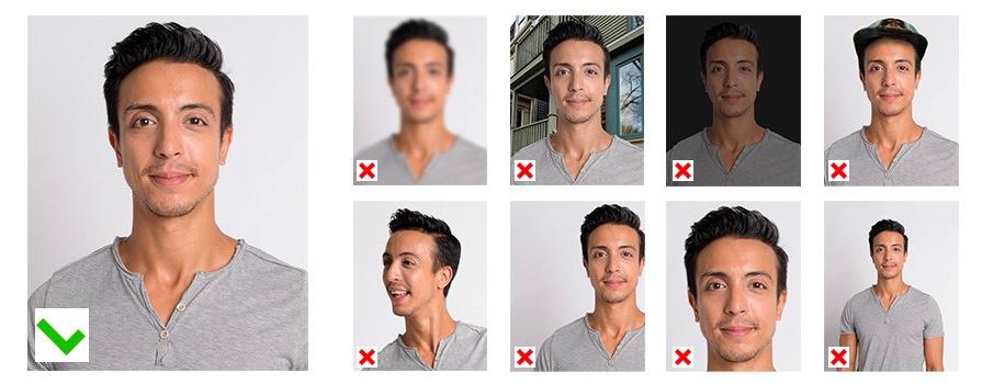 Examples of correct and incorrect id photos following the guidelines listed on this page.